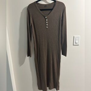 Brown Ribbed Long Sleeve Dress